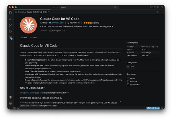 VSCode window displaying the interface to install the Claude AI extension with an enabled toggle and an Install button.
