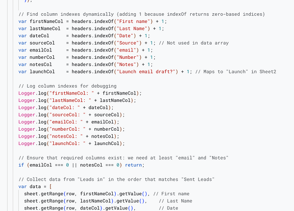 The image displays a code snippet for fixing email automation by dynamically finding column indexes in a spreadsheet.