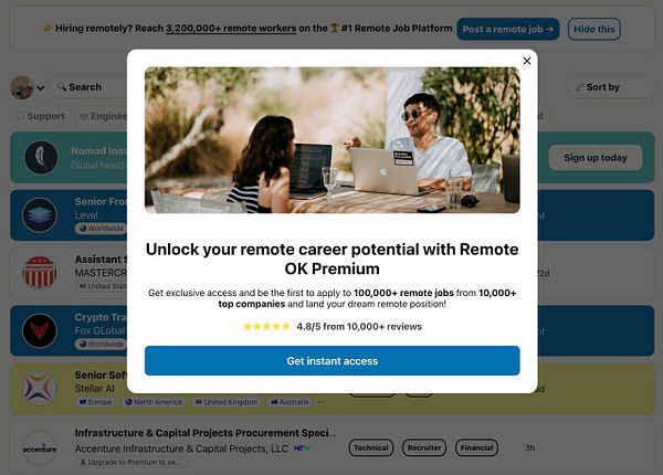 Mobile app screen displaying a 'Go Premium' pop-up offering premium subscription plans with a subscription toggle.