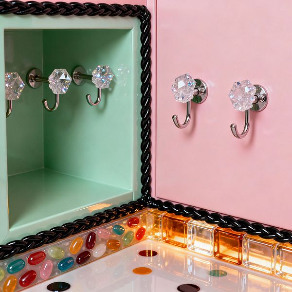 Close-up of a Candy Land–style mudroom nook with glossy bubblegum-pink panels and a mint-green cubby, both bordered by black braided trim. Polished chrome hooks capped with faceted crystal knobs are mounted on the pink panel and inside the cubby. A high-gloss white bench features multicolored dot inlays, while a jelly-bean mosaic and amber-lit glass blocks wrap the edge, creating a playful, jewel-like glow.