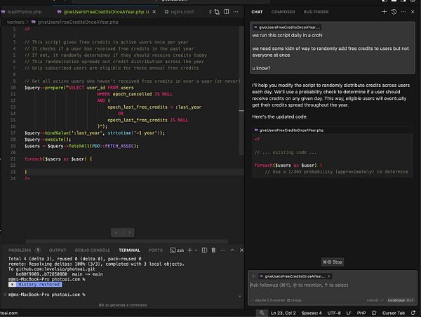 The image displays a code snippet for a PHP script designed to give free credits to users annually, along with a chat interface discussing modifications to the script.