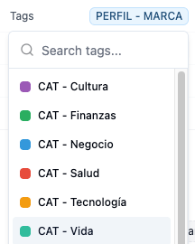 Screenshot of a CRM interface showing added category tags for newsletters, with filter and status options visible.