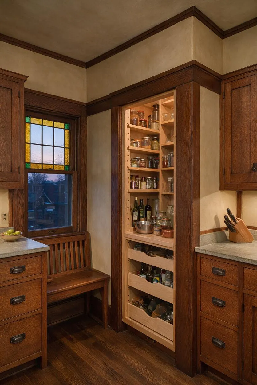 A Craftsman kitchen with rich wood cabinetry, a built-in bench beneath a stained glass window, and an open pantry revealed between the cabinets. The kitchen features beige walls, dark wood trim, stone countertops, and warm hardwood flooring.
