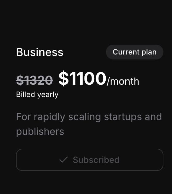 The image displays a subscription plan interface for ElevenLabs' Business plan.