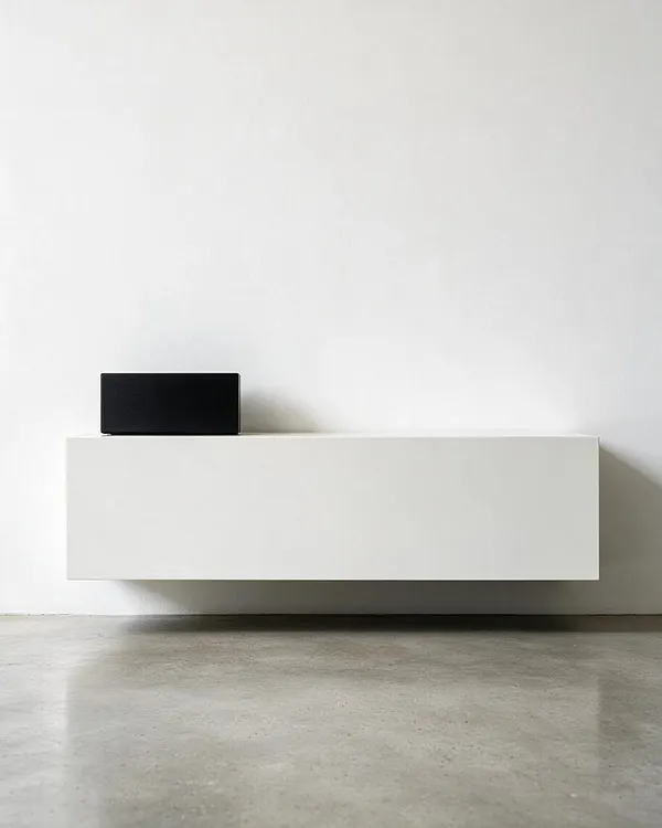 A sparse minimalist interior with a long floating white wall-mounted console centered against a plain white wall. A small black rectangular object sits on the left side of the console, while a polished concrete floor adds an industrial touch beneath the clean, geometric composition.