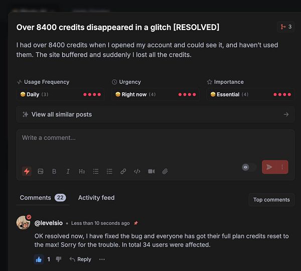 A user reports a glitch that caused the loss of over 8400 credits, which has been resolved.