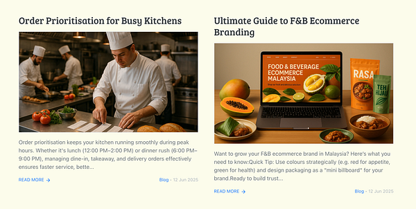 The image features two articles related to food and beverage management and ecommerce branding.
