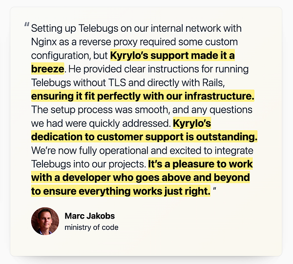 A testimonial praising Kyrylo's support for setting up Telebugs.