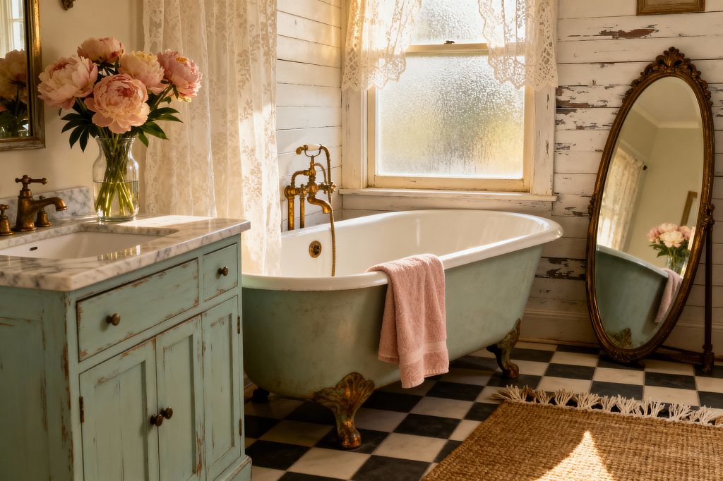 A cozy bathroom shows a seafoam green clawfoot tub with antique brass taps and a pink towel, paired with a distressed seafoam vanity topped in gray-veined marble and a glass vase of blush peonies. White shiplap and a weathered plank wall frame a frosted window with lace curtains, while black-and-white checkerboard tile, a natural jute rug, and a leaning gilded oval mirror complete the shabby chic setting.
