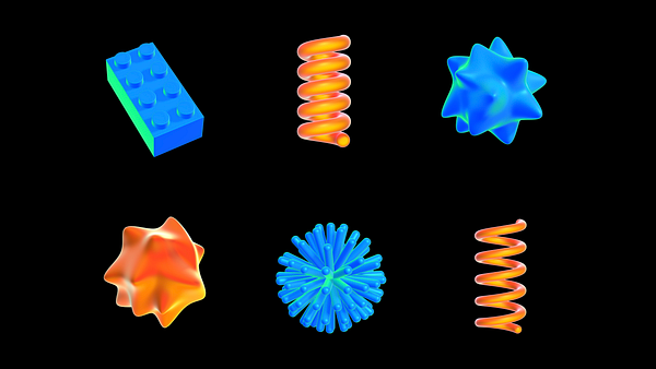 The image features a collection of six colorful 3D models displayed against a black background.