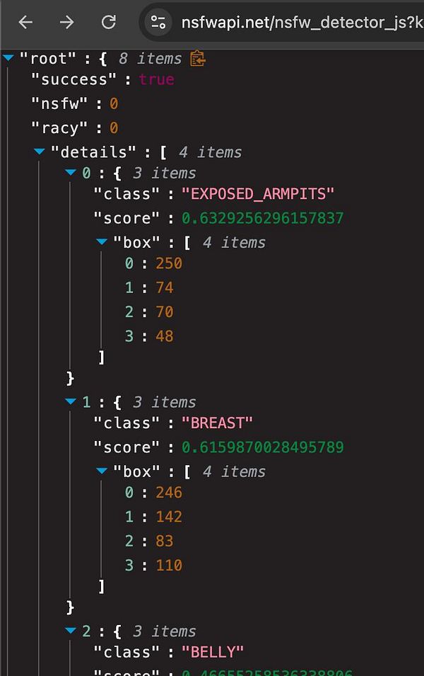 The image displays a JSON response from an API related to NSFW content detection.