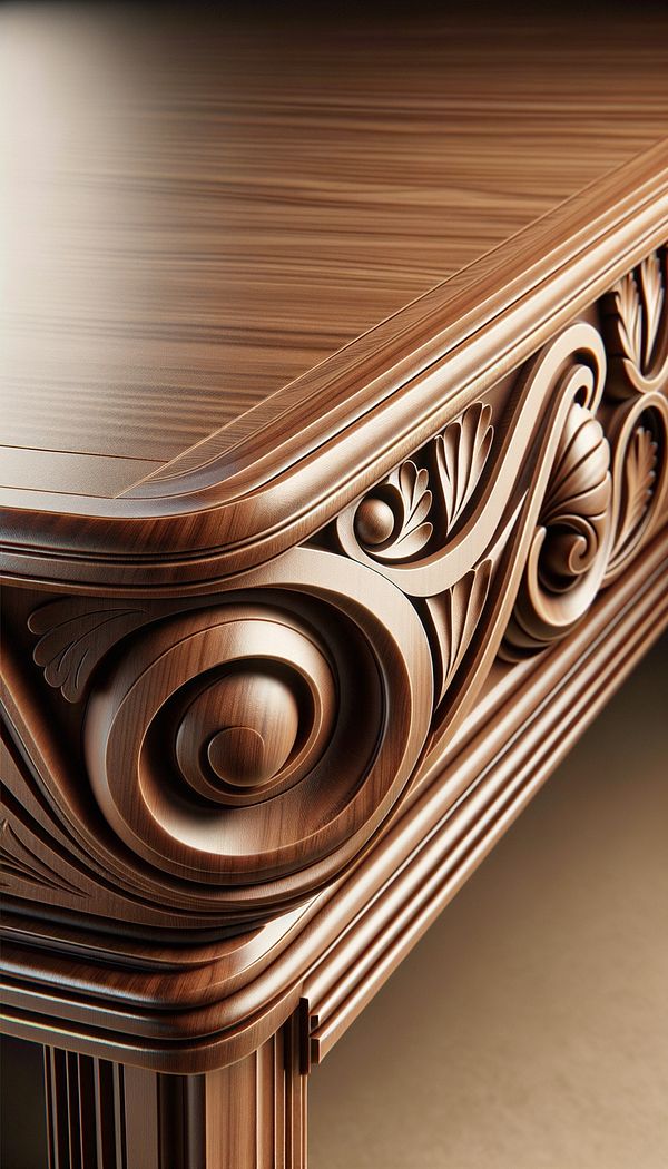 A close-up of an elegant wooden table edge adorned with an Ogee curve, showcasing the smooth transition from concave to convex.