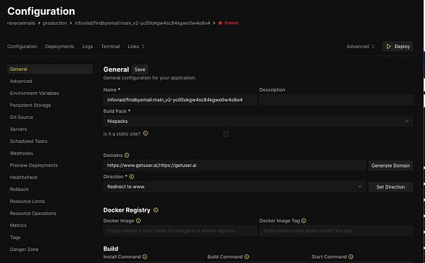 The image displays a configuration interface for setting up a web application using Coolify.