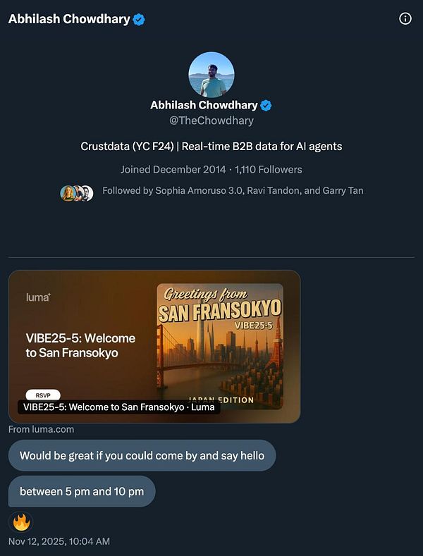 A Twitter post from Abhilash Chowdhary inviting people to an event in Tokyo.