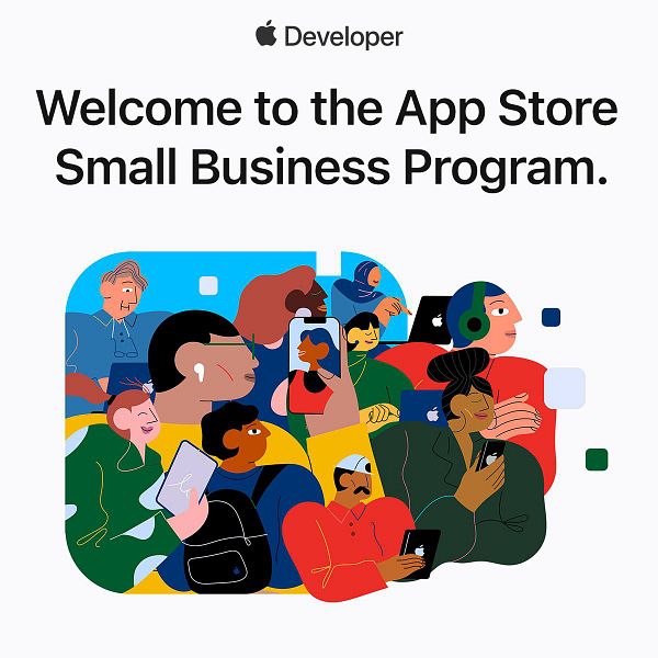 The image features a colorful illustration representing diverse individuals engaged with technology, promoting the App Store Small Business Program.