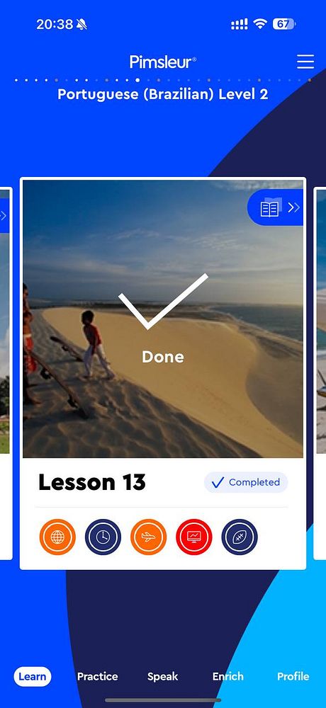 The image displays a completed lesson from the Pimsleur Portuguese language learning app.