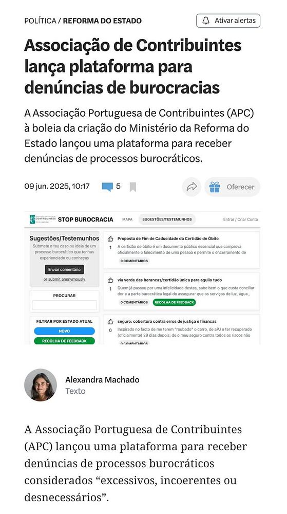 The image features a news article about the launch of a bug board by the Taxpayers Association of Portugal.