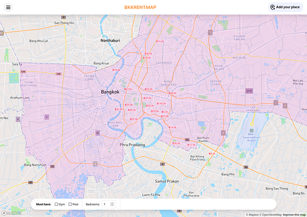 A detailed map of Bangkok highlighting rental prices in various areas.