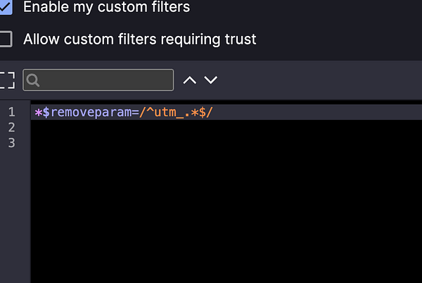 The image displays a code snippet for removing UTM parameters from URLs in a custom filter interface.