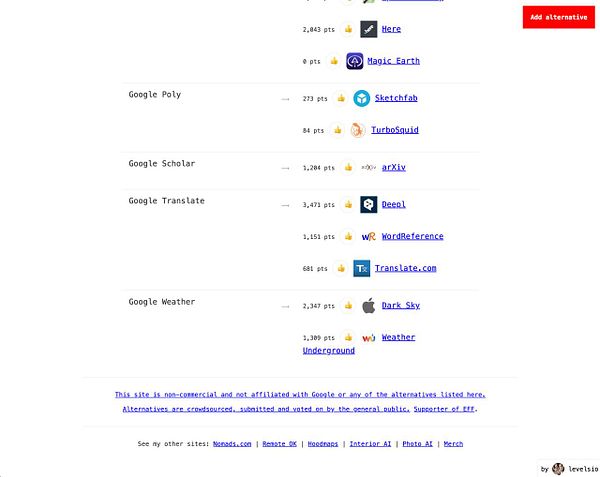 A list of alternatives to Google services with their respective points and links.