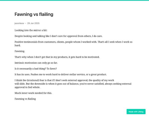 A reflective blog post discussing the concepts of fawning and flailing in relation to personal motivation and external approval.