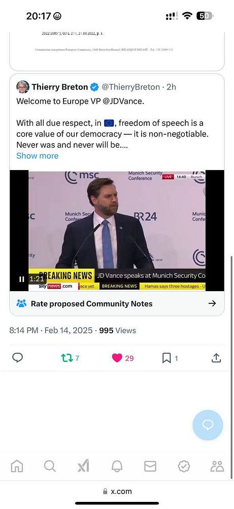 A tweet from Thierry Breton discussing freedom of speech alongside a video of JD Vance speaking at the Munich Security Conference.