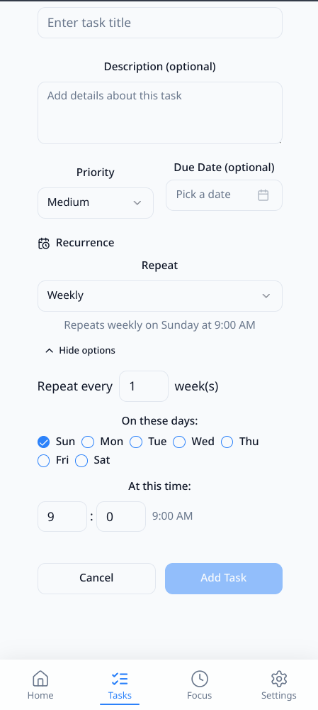 The image displays a user interface for creating a recurring task in a task management application.