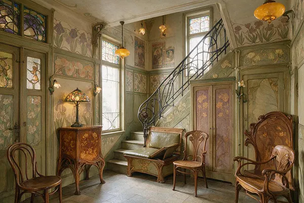 An Art Nouveau entryway with painted floral wall panels, tall windows with stained glass details, and a sweeping curved staircase with a dark wrought-iron railing. The room includes carved wooden seating, a decorative cabinet with a stained-glass lamp, and warm amber pendant lights.