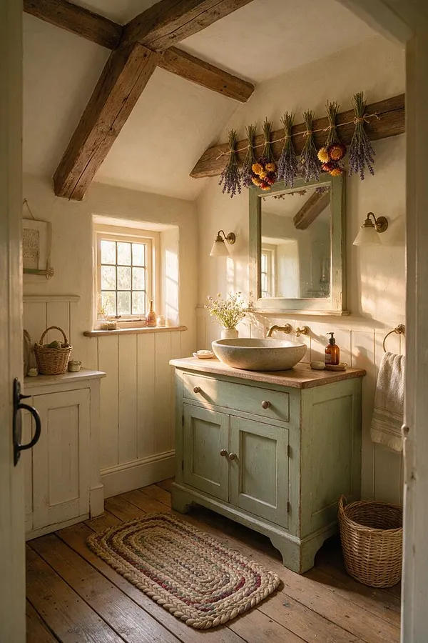 A cozy cottagecore powder room with cream paneled walls, exposed rustic wood beams, and a pale green vanity topped with a stone vessel sink. Dried flowers hang above a weathered mirror, while wicker baskets, a braided rug, and warm sunlight create a soft, rustic atmosphere.