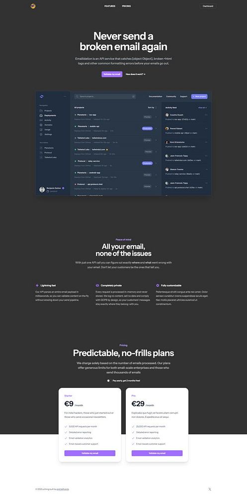 The image displays a marketing landing page for an email validation service called Emailidator.