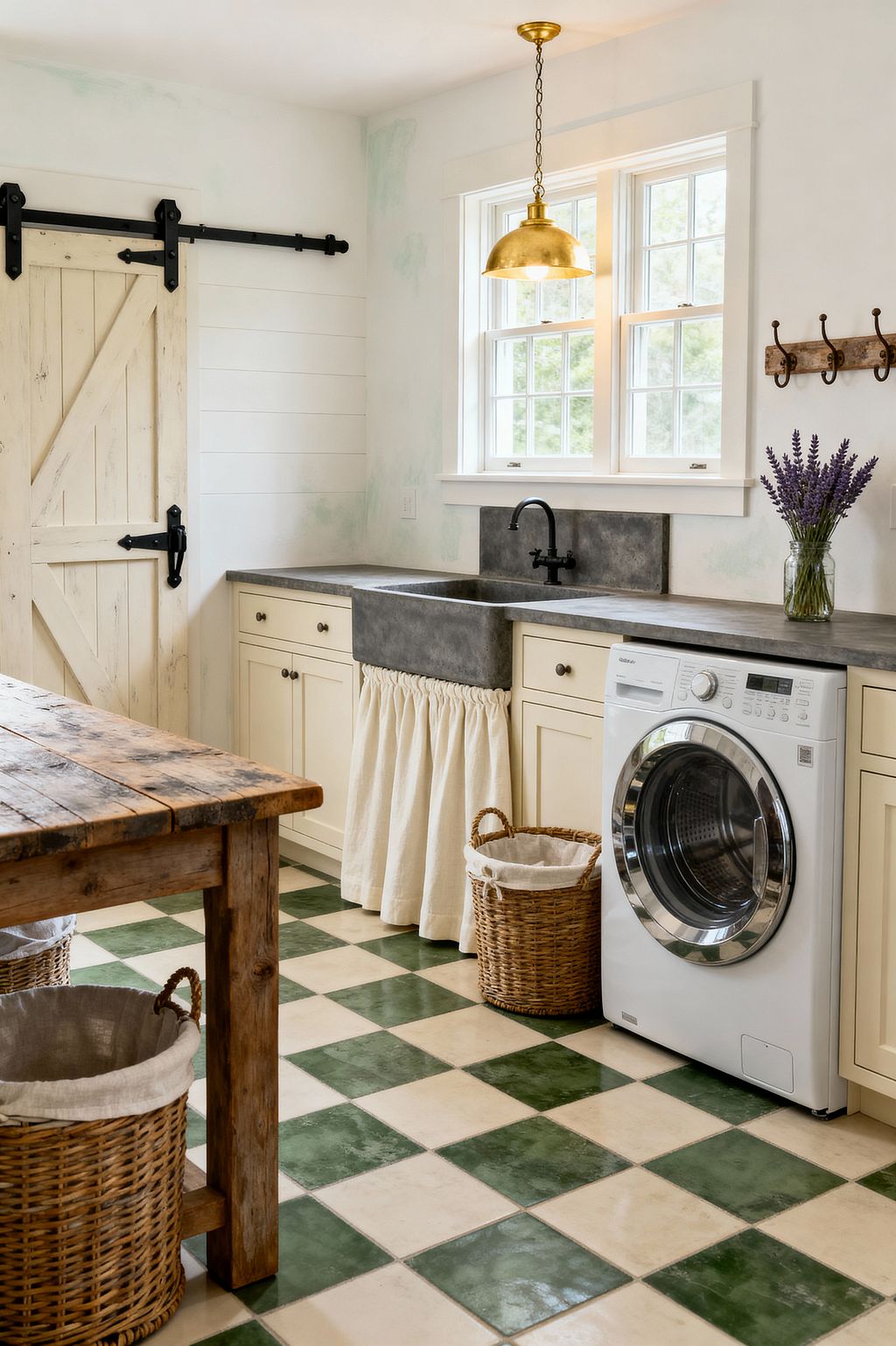 A bright farmhouse laundry room features cream shaker cabinets, a concrete countertop with an apron-front sink and linen skirt, and a white front-load washer beneath double windows. The space includes a green-and-cream checkerboard tile floor, a rustic reclaimed-wood table, wicker baskets, a sliding barn door with black hardware, a black wall-mounted faucet, a brass dome pendant, a wood peg rail with hooks, and a jar of lavender for color.