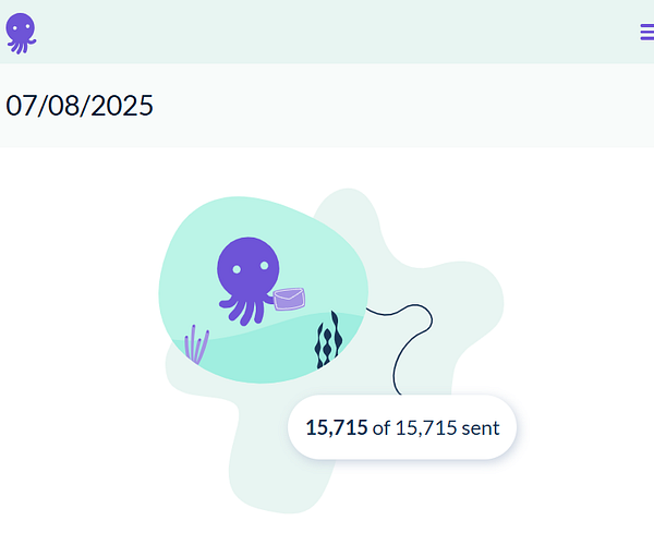 A whimsical illustration of an octopus sending a newsletter, indicating a successful email dispatch.