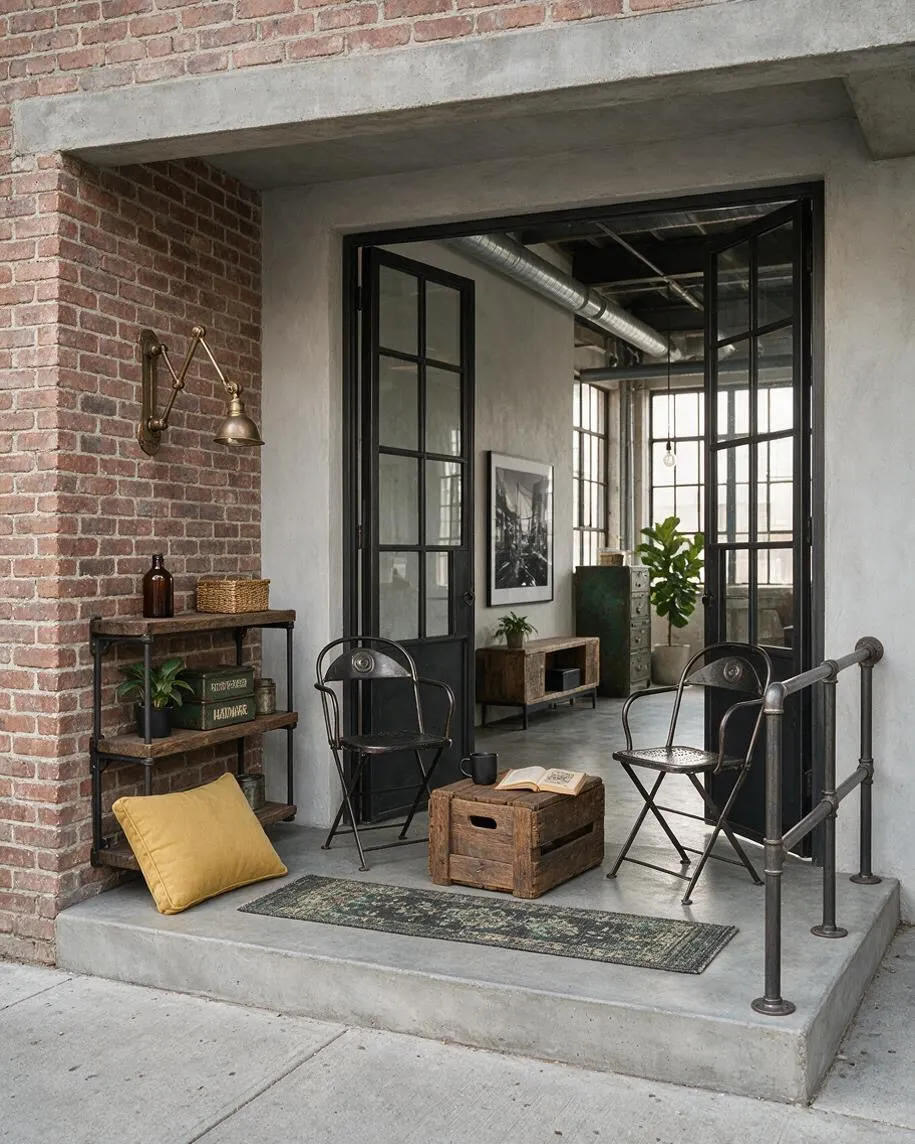 A compact industrial front porch with exposed red brick, concrete framing, and black steel French doors. The space is furnished with two metal chairs, a rustic wood crate table, a narrow shelf, a mustard floor cushion, and a patterned runner rug, creating a relaxed urban entry.