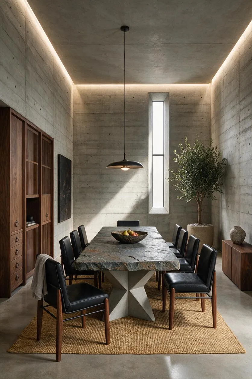 A Brutalist dining room with raw concrete walls and ceiling, a long stone-topped table on a woven rug, and black leather dining chairs with wood legs. Warm pendant and cove lighting soften the austere space, while a tall narrow window, wooden cabinet, and potted tree add contrast and balance.