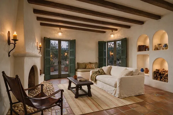A warm Mediterranean-style living room with exposed dark wood ceiling beams, white plaster walls, and terracotta tile flooring. The room includes a white slipcovered sofa, a dark wood coffee table, a leather sling chair, green shutters on French doors, built-in wall niches, and a stucco fireplace with candles.