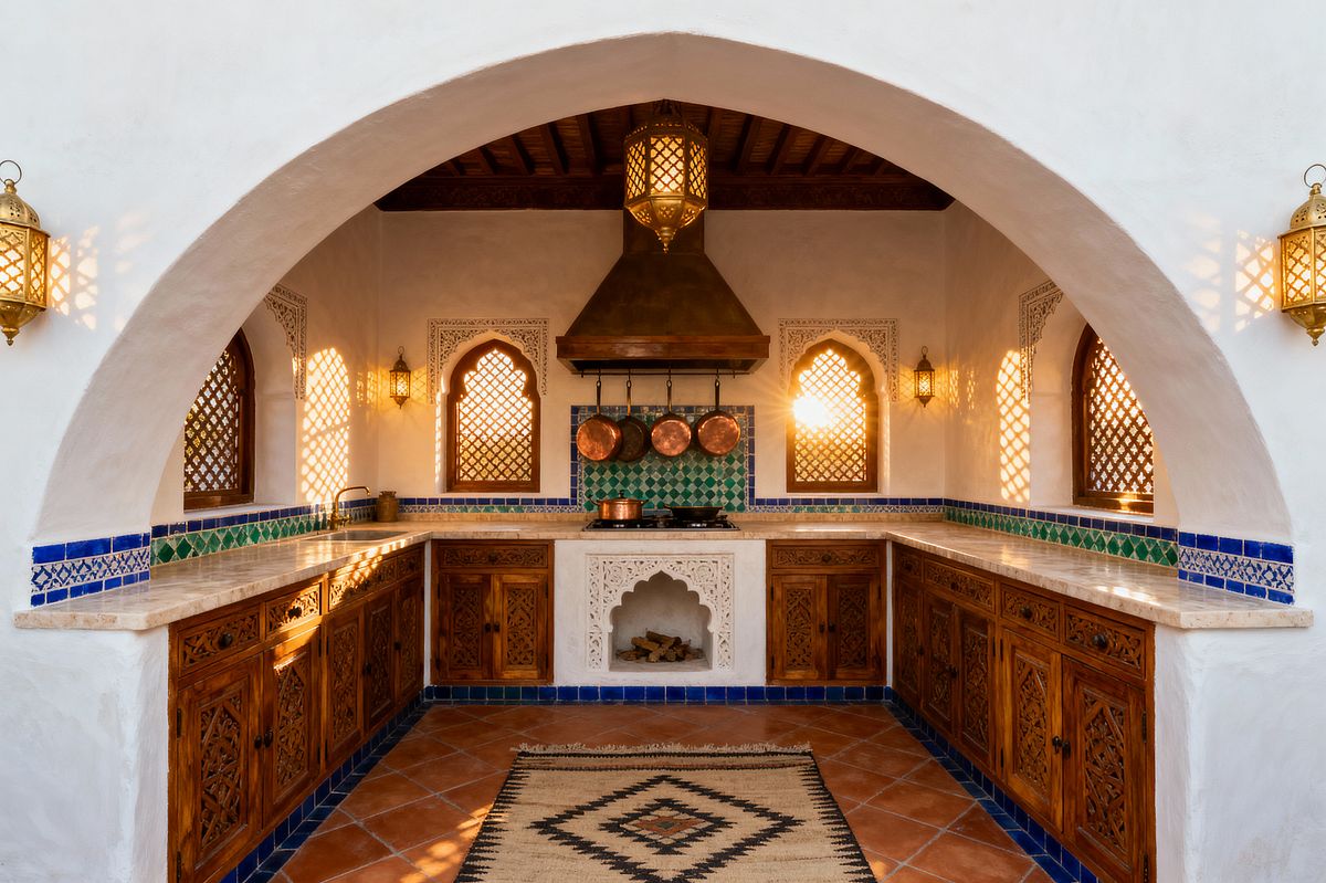 Room AI – Arched Moroccan Kitchen with Zellige and Copper - Interior