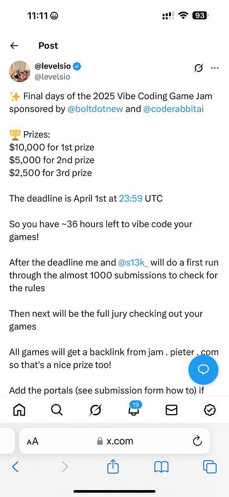 A tweet announcing the final days of the 2025 Vibe Coding Game Jam with details about prizes and submission deadlines.