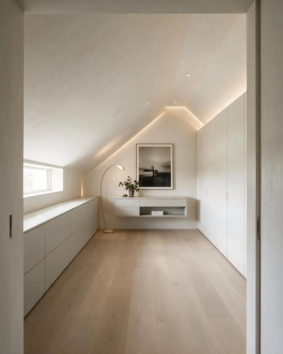 A bright minimalist closet in an attic space with a sloped white ceiling, light wood flooring, and built-in white storage along both sides. A small window, a curved floor lamp, a floating cabinet with a framed artwork, and a potted plant add a calm, refined touch.