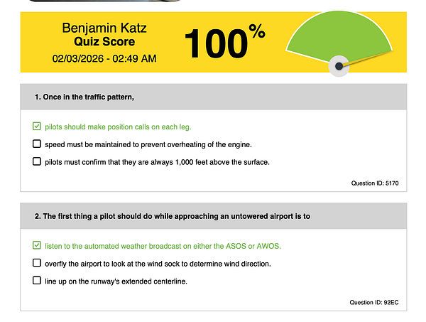 Screenshot of a quiz result showing a score of 8/8 on 'Untowered Operations' with detailed quiz feedback and navigation.