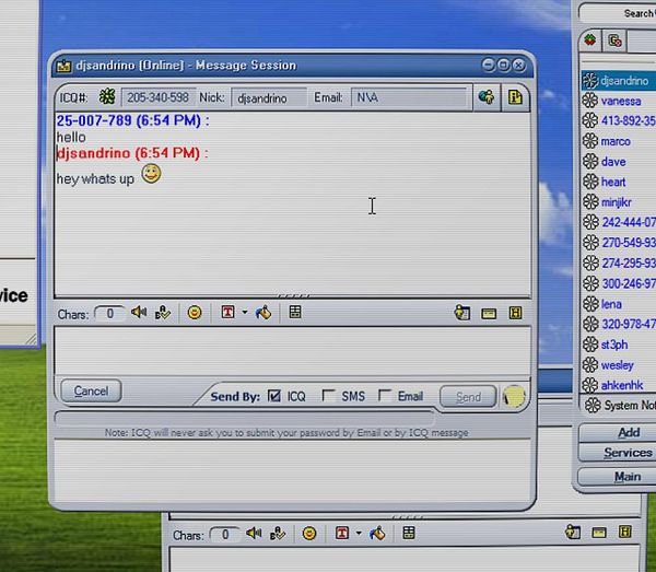 Screenshot of ICQ bot conversation with chatbot replying to commands in a chat interface.