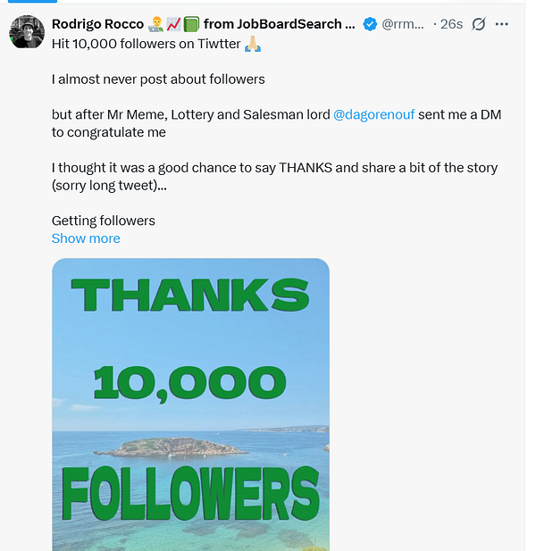 A celebratory post about reaching 10,000 followers on Twitter.