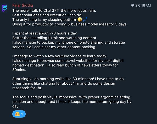 A reflection on productivity and personal growth shared in a messaging app.