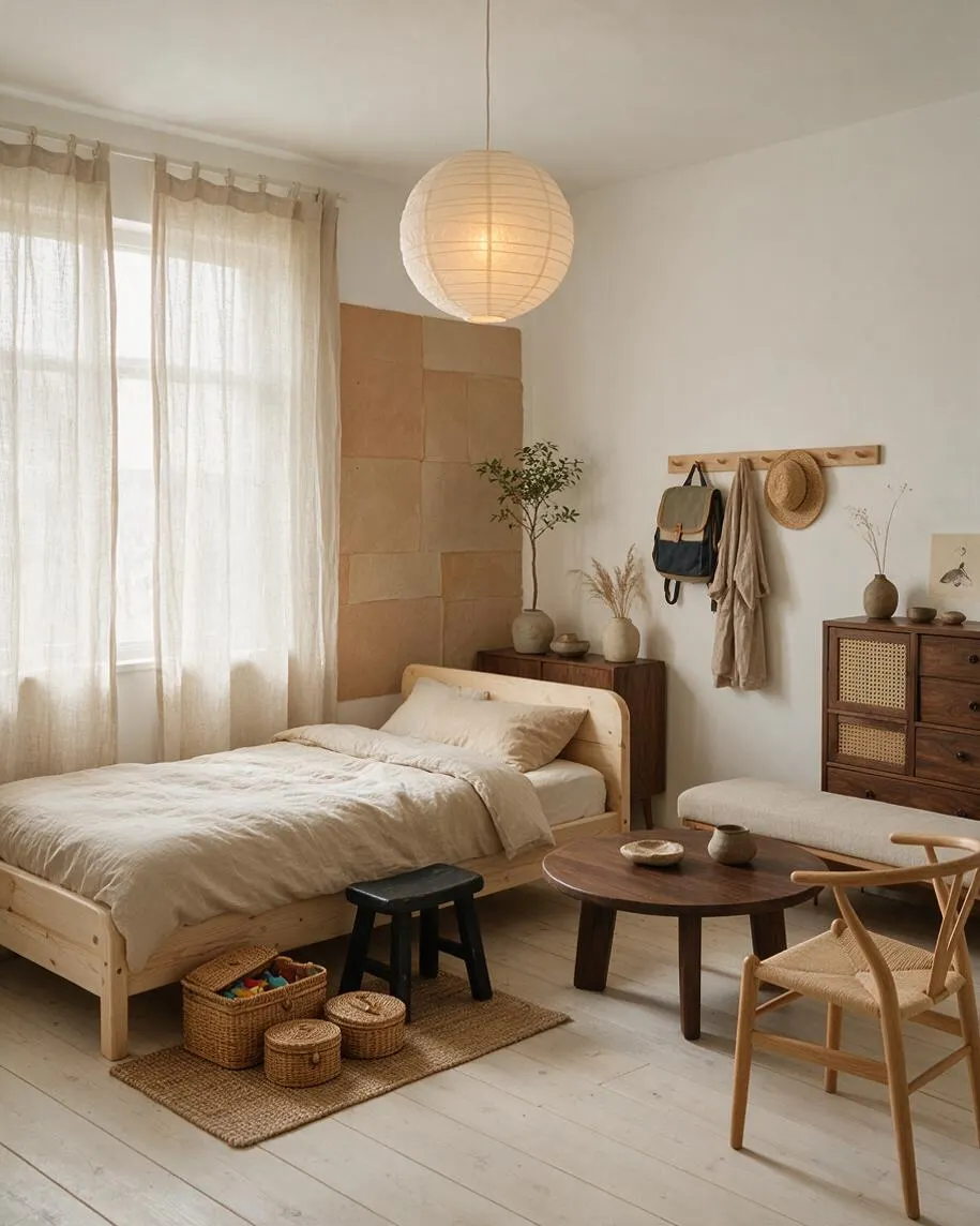 A serene kids' room with a low wooden bed, cream bedding, sheer beige curtains, and a paper lantern pendant. The space includes woven baskets, a small black stool, a round wooden table, cane-front storage, and a light wood chair, all set against soft white walls and warm neutral tones.