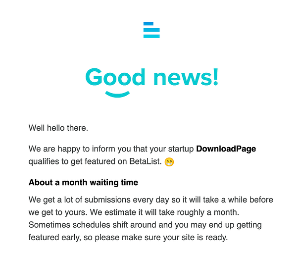An email notification confirming acceptance to BetaList for the startup DownloadPage.