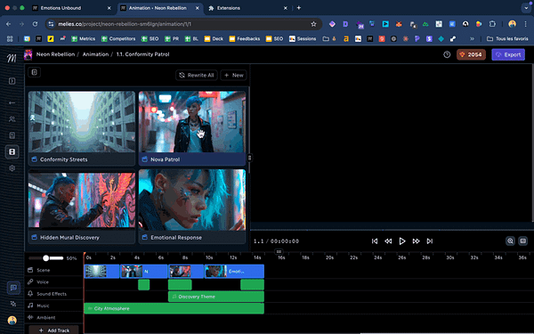 The image displays a digital animation editing interface for a project titled 'Neon Rebellion'.