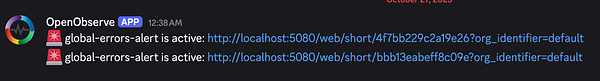 A Discord message displaying alerts from the OpenObserve application.