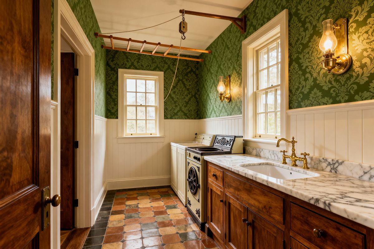 Room AI – Victorian Laundry with Green Damask and Brass - Interior