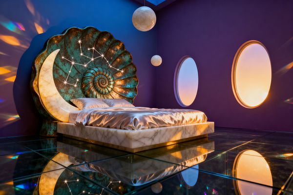 A surreal bedroom features a backlit onyx platform bed with champagne satin bedding set before an oversized patinated-copper nautilus headboard. The headboard includes a luminous alabaster crescent and tiny star-like LED constellations. Deep violet walls fade to cobalt blue and hold two round porthole windows glowing warm amber, while two spherical pendant lights hang overhead. Reflective glass floor tiles mirror the scene and scatter prismatic reflections across the room.