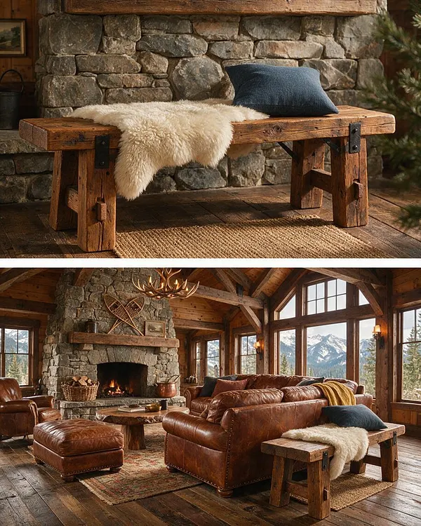 A rustic wooden bench with thick reclaimed planks and sturdy trestle-style legs sits in front of a stacked stone fireplace. A cream sheepskin throw and a dark navy pillow soften the bench, while a woven jute rug and warm wood flooring reinforce the natural cabin style.