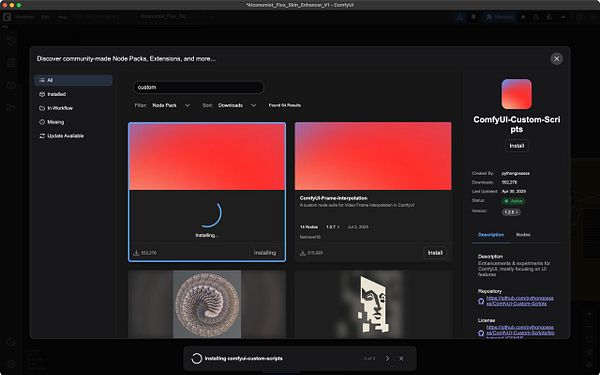 The image displays a software interface for managing Node Packs and Extensions in ComfyUI.